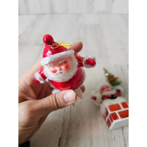 Vintage flocked Santa skier plastic chimney tree ornament beaded Xmas Santa with - Picture 8 of 15